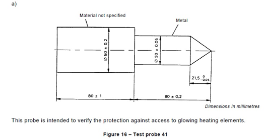 La norme IEC60335-1 prévoit la clause 8.1.3 Probes d'essai pour les composants lumineux et thermiques 41 0