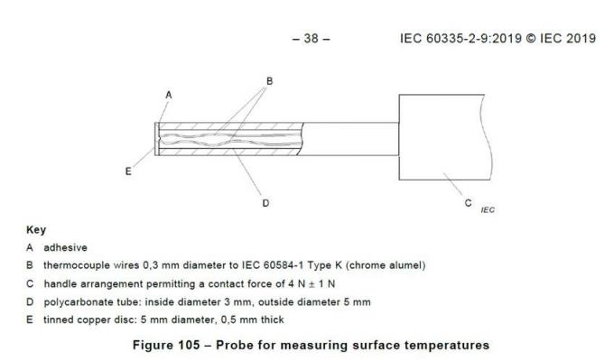 Sonde de la figure 105 du CEI 60335-2-9 pour des températures de surface de mesure 0